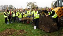 Ian Elston (right), Larkfleet housing site manager, and Dale McKean, chairman of Eye Open Space Group, with Princes Trust volunt
