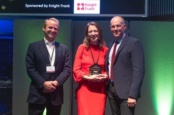 Martina Lees of The Times, Property Journalist of the Year 2021. L-R: Liam Bailey, Knight Frank; Martina Lees, The Times, and Phil Spencer, Property Press Awards Host.