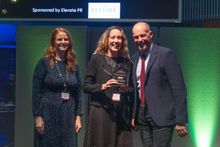 Zoe Dare Hall, winner of Freelance Journalist of the Year at the Property Press Awards 2021. L-R: Chanel Bailey, Elevate PR’s Managing Director.; Zoe Dare Hall, and Phil Spencer, Property Press Awards Host.