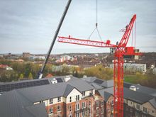 Crane being removed from Brookfields House in Newcastle-under-Lyme