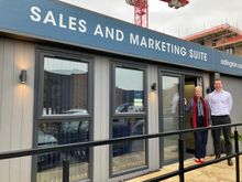 Dominique Schafer and Phil Holyoak in front of Adlington Retirement Living's new Marketing Suite at Radford House, Exeter