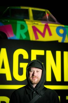 Penfold in front of the new art installation at Dagenham Green.