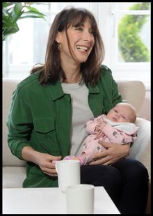 Samantha Cameron meets her first baby of the election campaign, seven week old Reagan.