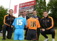 (L-R) Tommy Rowe, Redrow's Dave Bexon, Wolves’ Head Of Commercial Affairs Laurie Dalrymple & Conor Coady