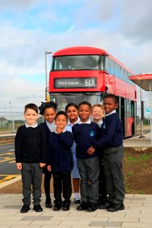 Pupils from Riverside Primary School at the new bus stop at Riverside Campus: Eduard Boian, Maya Ali, Sarim Abakar, Inaaya Abdullah, Isiah Henry, Teddy Donovan, Alusine Kallon